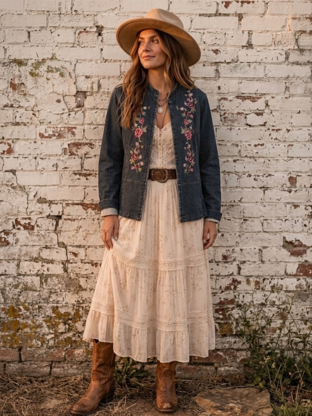 Vintage Floral Embroidered Denim Jacket Boho Prairie Folk XL